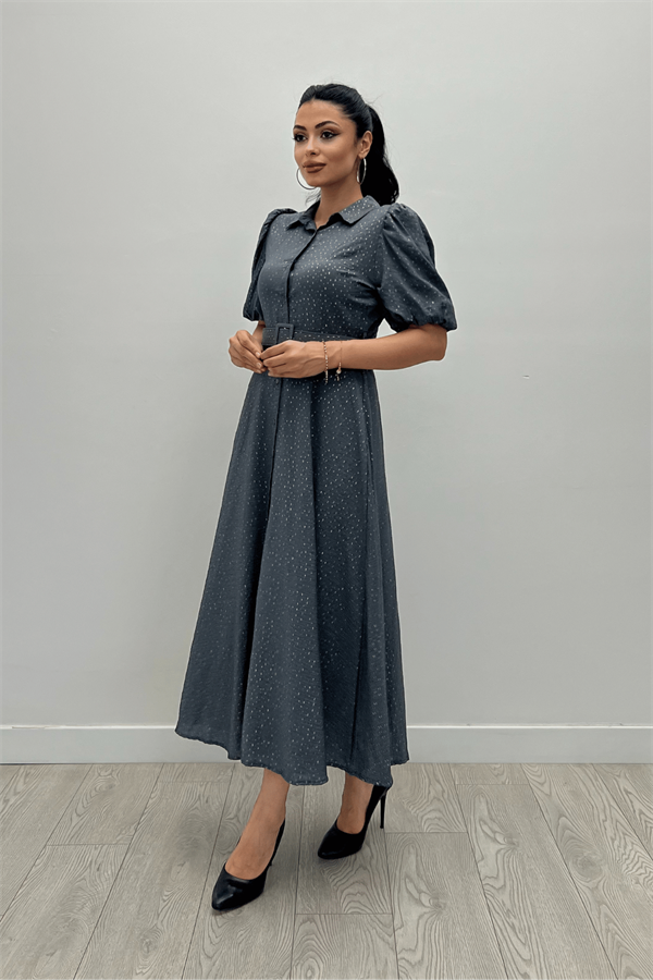 Cotton Kumaş Düğme Detaylı Gömlek Elbise - GRİ - 2