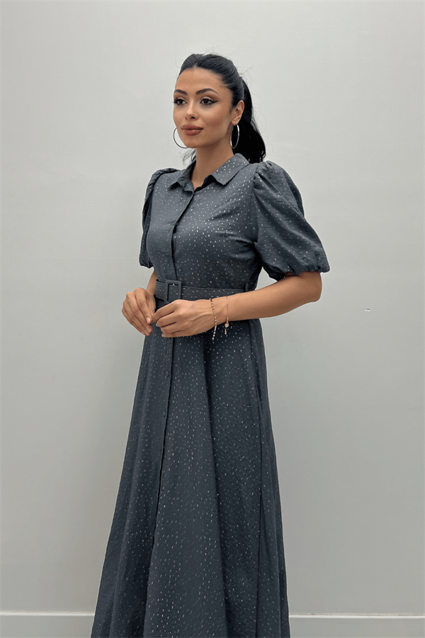 Cotton Kumaş Düğme Detaylı Gömlek Elbise - GRİ - 3
