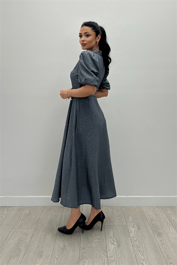 Cotton Kumaş Düğme Detaylı Gömlek Elbise - GRİ - 4