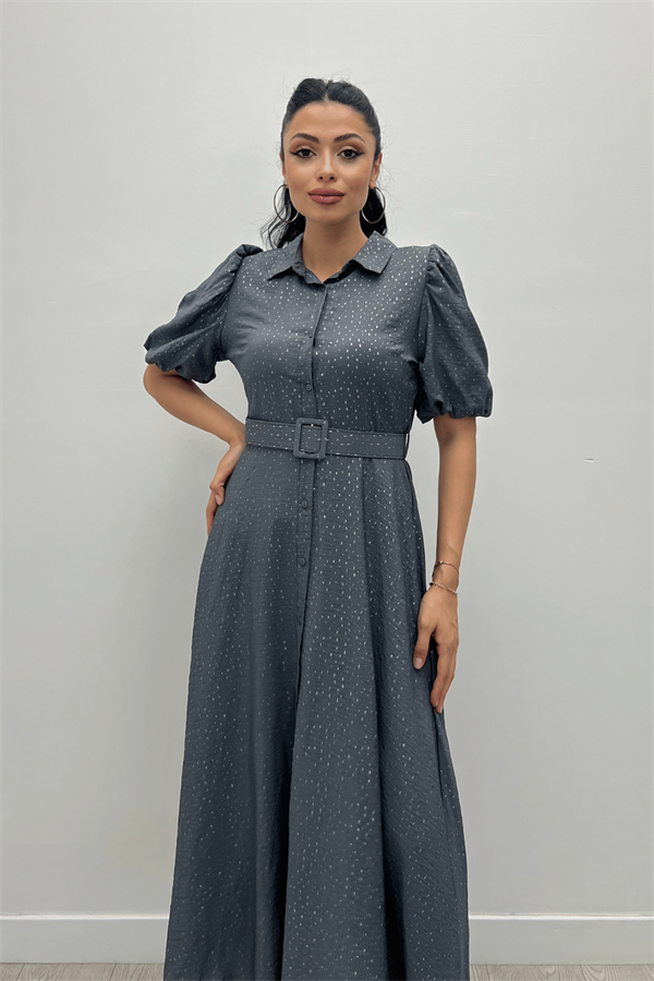 Cotton Kumaş Düğme Detaylı Gömlek Elbise - GRİ - 5