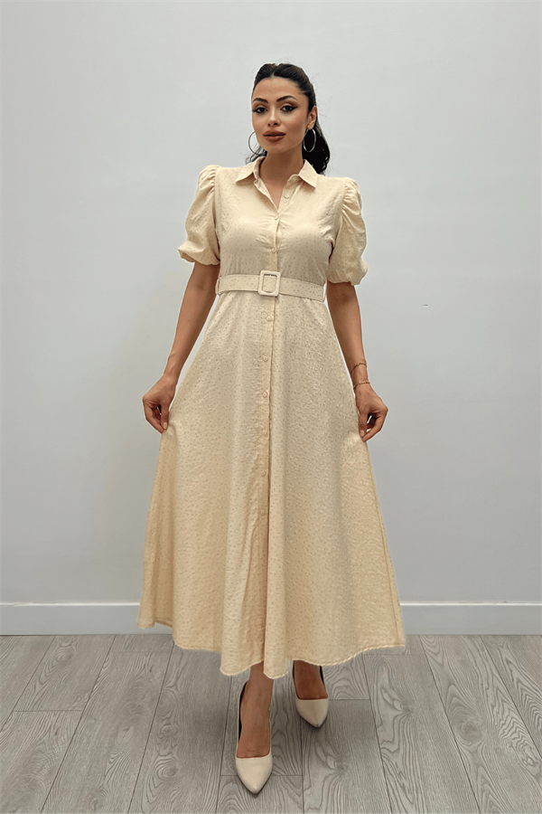 Cotton Kumaş Düğme Detaylı Gömlek Elbise - KREM - 1