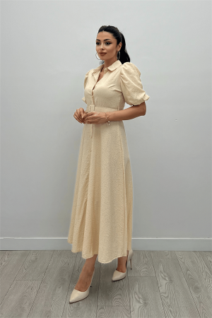 Cotton Kumaş Düğme Detaylı Gömlek Elbise - KREM - 2