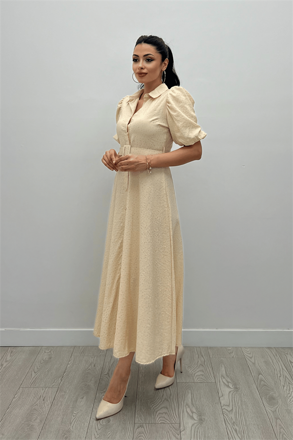 Cotton Kumaş Düğme Detaylı Gömlek Elbise - KREM - 2