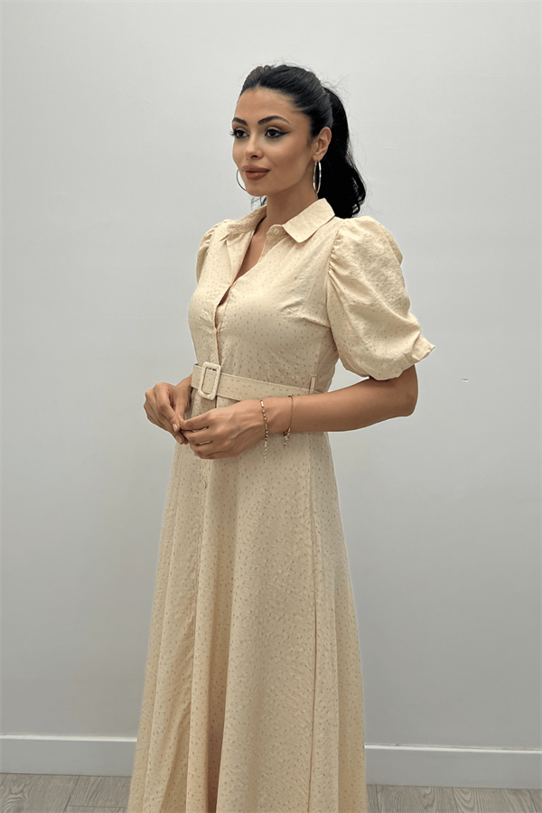 Cotton Kumaş Düğme Detaylı Gömlek Elbise - KREM - 3