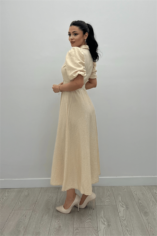 Cotton Kumaş Düğme Detaylı Gömlek Elbise - KREM - 5