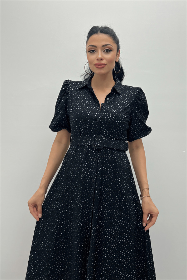 Cotton Kumaş Düğme Detaylı Gömlek Elbise - SİYAH - 3