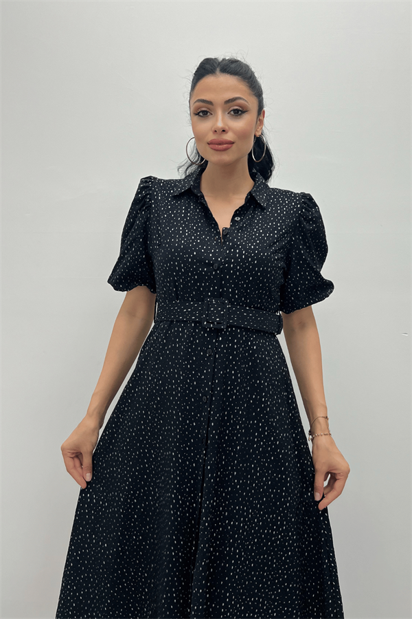 Cotton Kumaş Düğme Detaylı Gömlek Elbise - SİYAH - 3