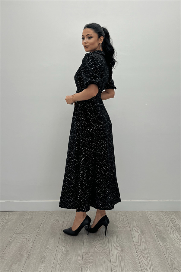 Cotton Kumaş Düğme Detaylı Gömlek Elbise - SİYAH - 5