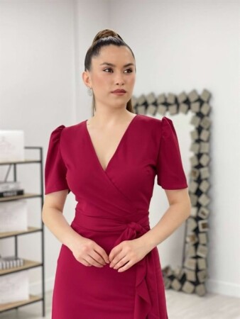 Crep Midi Dress - MAROON - 4