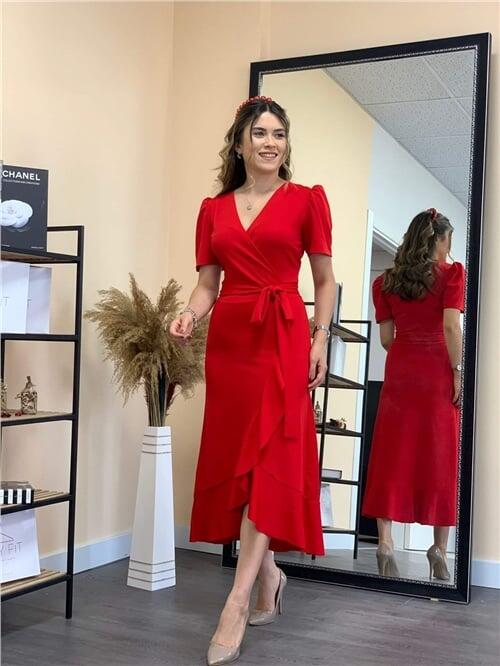 Crep Kumaş Midi Elbise - Kırmızı - 1