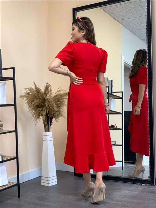 Crep Kumaş Midi Elbise - Kırmızı - 2