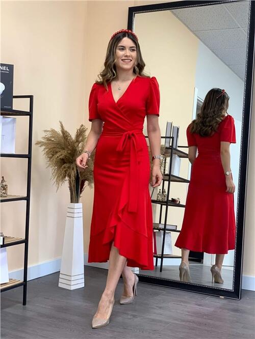 Crep Kumaş Midi Elbise - Kırmızı - 3