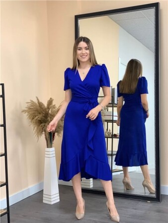 Crep Kumaş Midi Elbise - Saks Mavisi - 1