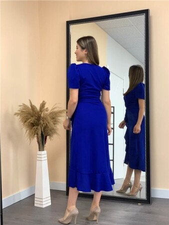 Crep Kumaş Midi Elbise - Saks Mavisi - 3
