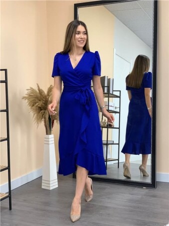 Crep Kumaş Midi Elbise - Saks Mavisi - 4