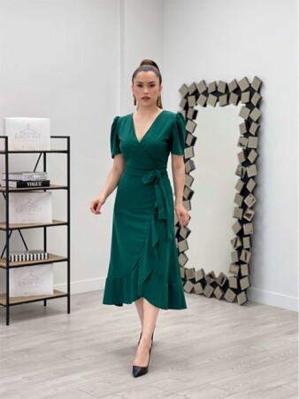 Crep Midi Dress - EMERALD GREEN - Angelino Moda