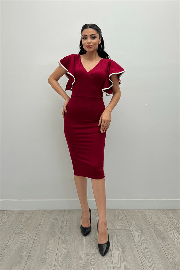 Crep Kumaş Volanlı Elbise - Bordo - 1