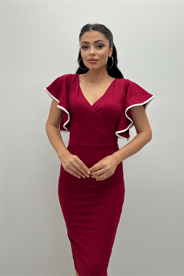 Crep Kumaş Volanlı Elbise - Bordo - 3