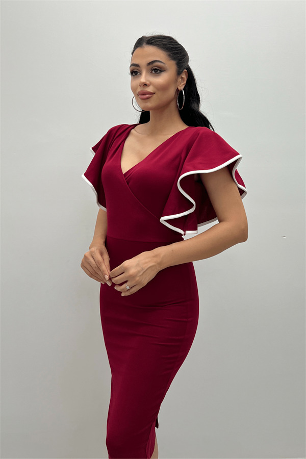 Crep Kumaş Volanlı Elbise - Bordo - 4