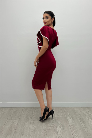 Crep Kumaş Volanlı Elbise - Bordo - 5