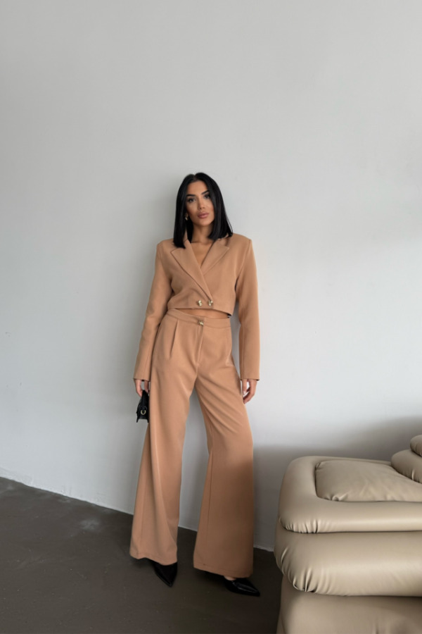 CROP CEKET - PANTOLON TAKIM GOLD DÜĞME DETAYLI - Kahverengi - 1