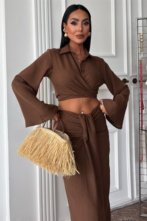 Crop Gömlekli Ve Eteği Büzgülü Tasarım Takım 10195 - 2