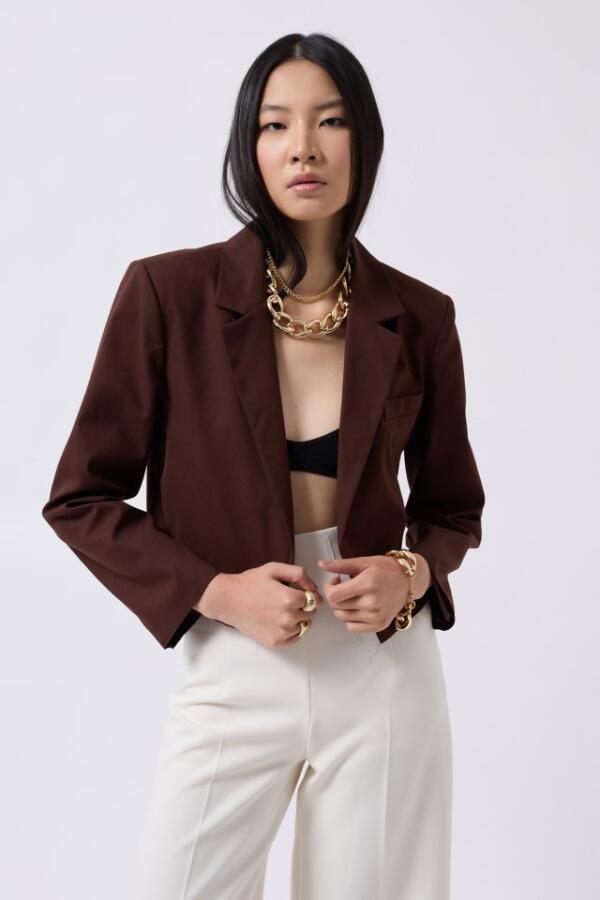 Crop Keten Blazer Ceket - 1
