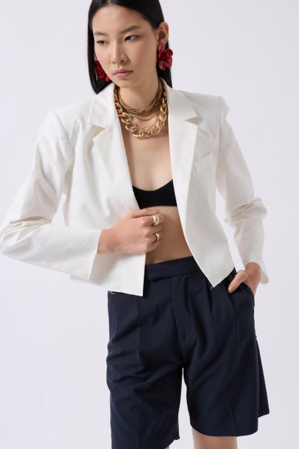 Crop Keten Blazer Ceket - 3