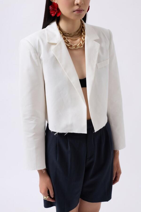 Crop Keten Blazer Ceket - 4