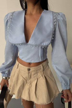 CROP POPLİN GÖMLEK YAKA KENAR DANTEL DETAYLI - Bebe Mavi - ANGELINO BuyukBedeniz (1)