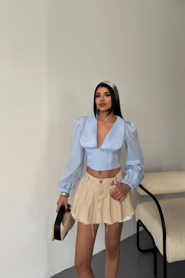 CROP POPLİN GÖMLEK YAKA KENAR DANTEL DETAYLI - Bebe Mavi - 4