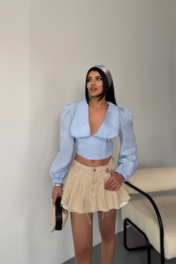 CROP POPLİN GÖMLEK YAKA KENAR DANTEL DETAYLI - Bebe Mavi - 1