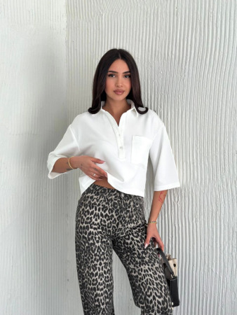 Crop Yakalı Gömlek Üç Çeyrek Sleeve Kol - Beyaz - 4