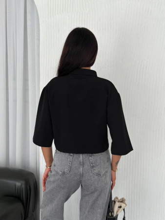 Crop Yakalı Gömlek Üç Çeyrek Sleeve Kol - Siyah - 3