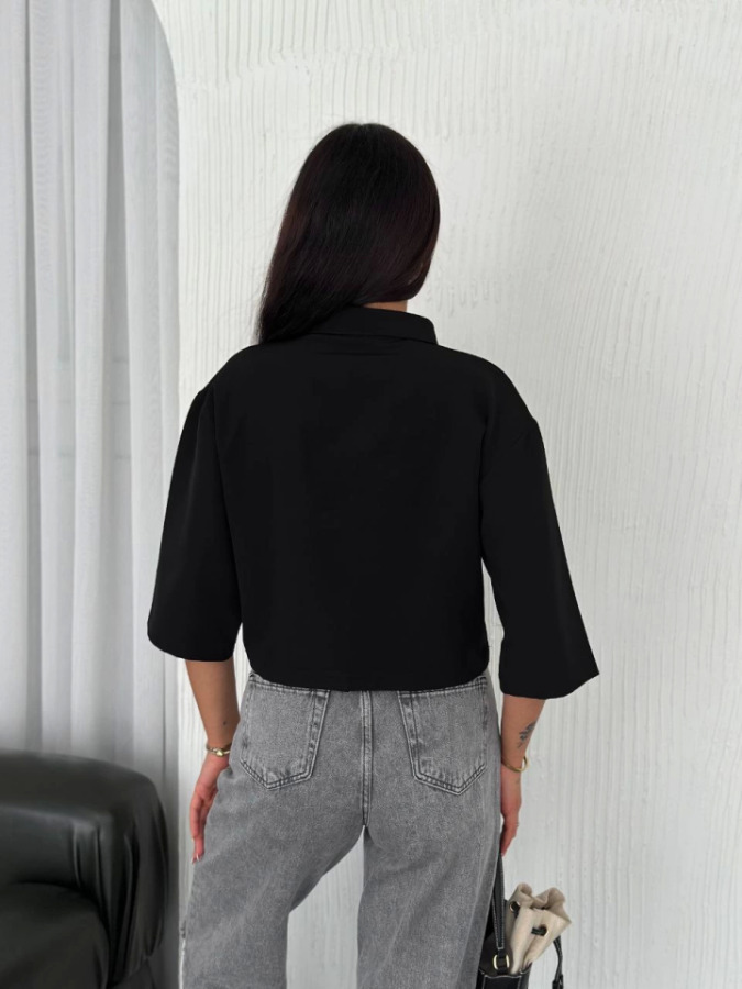 Crop Yakalı Gömlek Üç Çeyrek Sleeve Kol - Siyah - 3