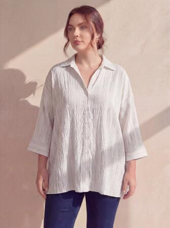 Çzigili Büyük Beden Viskon Gömlek Ekru - RMG