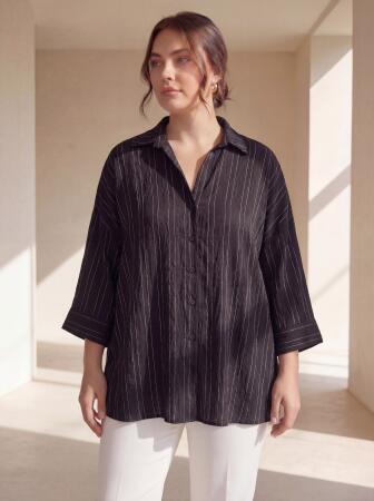 Çzigili Büyük Beden Viskon Gömlek Siyah - RMG