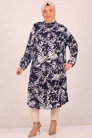D-48023 Büyük Beden Hakim Yaka Bürümcük Gömlek-Lacivert Yapraklı - 
