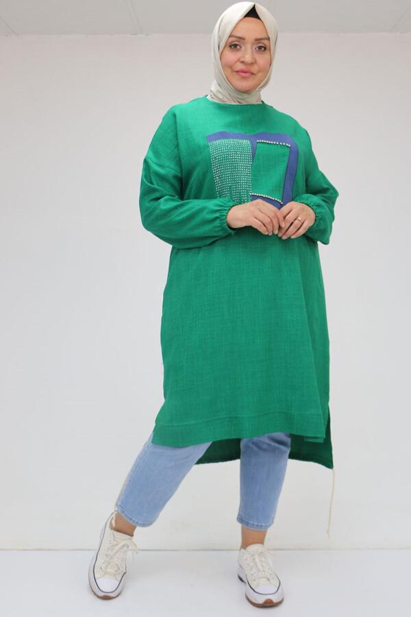 D-58011 Büyük Beden Etek Ucu Bağlamalı Önü Taş Detaylı Keten Tunik - Benetton - 1