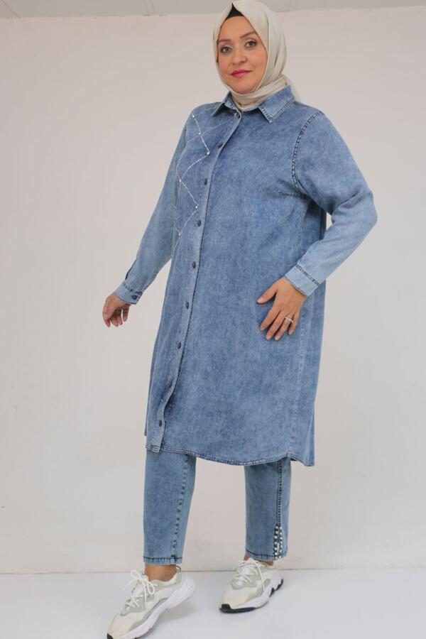 D-58123 Büyük Beden Önü Taş Detaylı Kot Düğmeli Tunik - Lacivert - 1