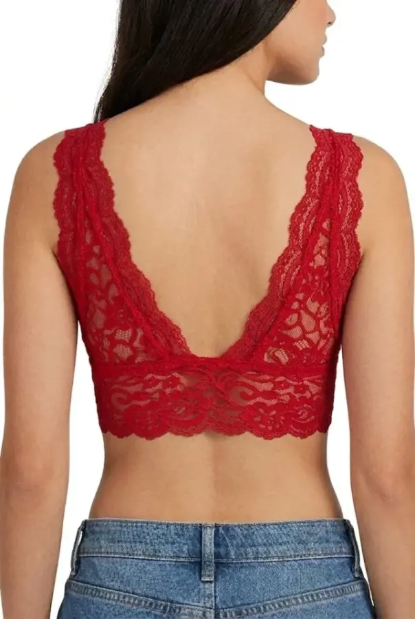 Dantel Bralet Crop Sütyen V Yaka Askılı Şık Esnek Rahat - Kırmızı - 2