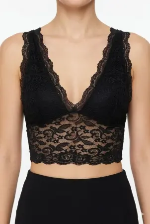 Dantel Bralet Crop Sütyen V Yaka Askılı Şık Esnek Rahat - Siyah - 4