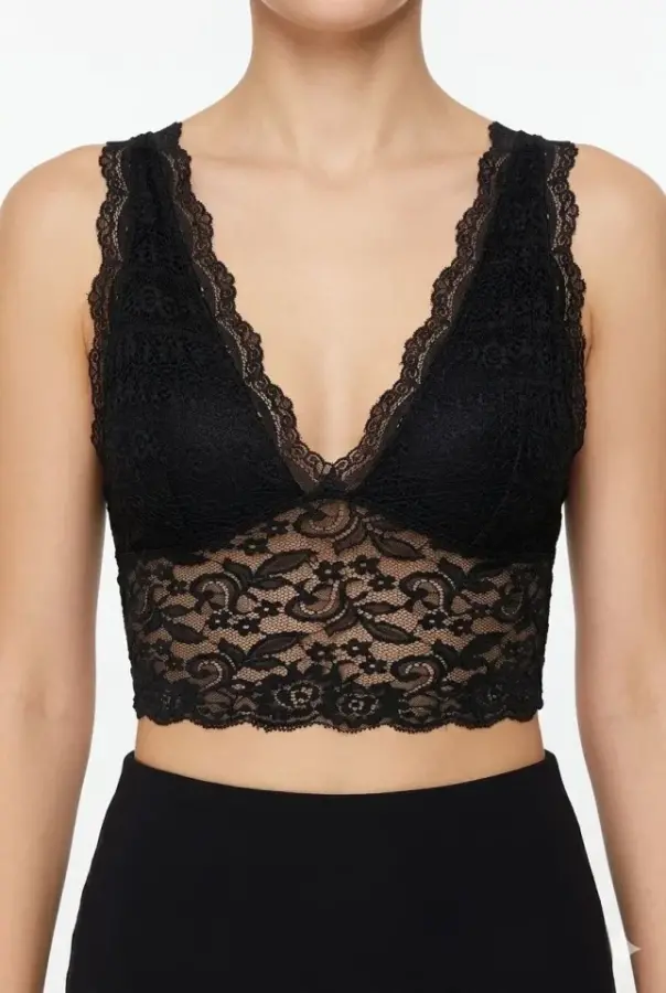 Dantel Bralet Crop Sütyen V Yaka Askılı Şık Esnek Rahat - Siyah - 4