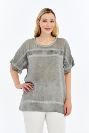 Dantel Detaylı Büyük Beden Yıkamalı Bluz Füme - 1