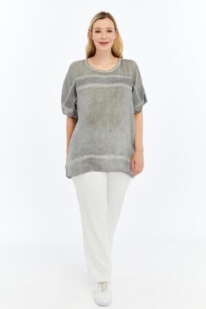 Dantel Detaylı Büyük Beden Yıkamalı Bluz Füme - 4