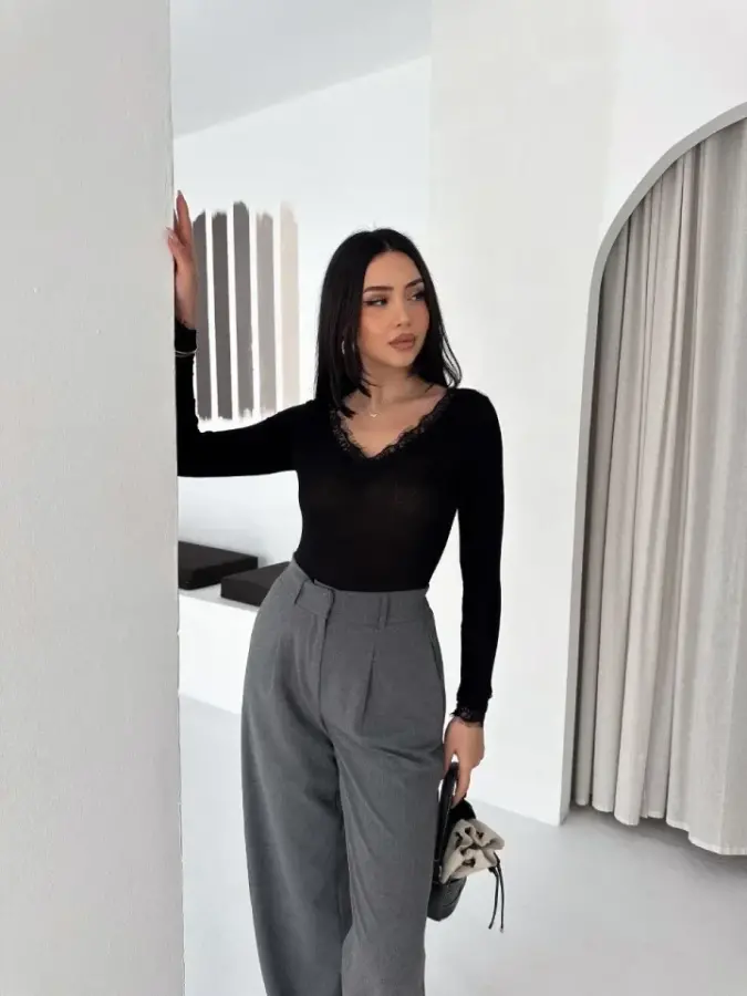 Dantel Detaylı V Yaka Arkası V Yaka Kaşmir Dokulu Uzun Kollu Bluz - Vişne Çürüğü - 3