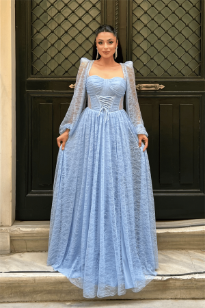Dantel Kumaş Balen Detaylı Abiye Elbise - BEBE MAVİSİ - Angelino Moda