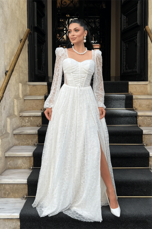 Dantel Kumaş Balen Detaylı Abiye Elbise - BEYAZ - Angelino Moda