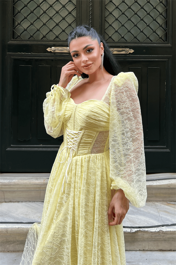 Dantel Kumaş Balen Detaylı Abiye Elbise - SARI - 3