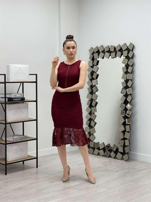 Dantel Kumaş Beli Motifli Elbise - BORDO - 1